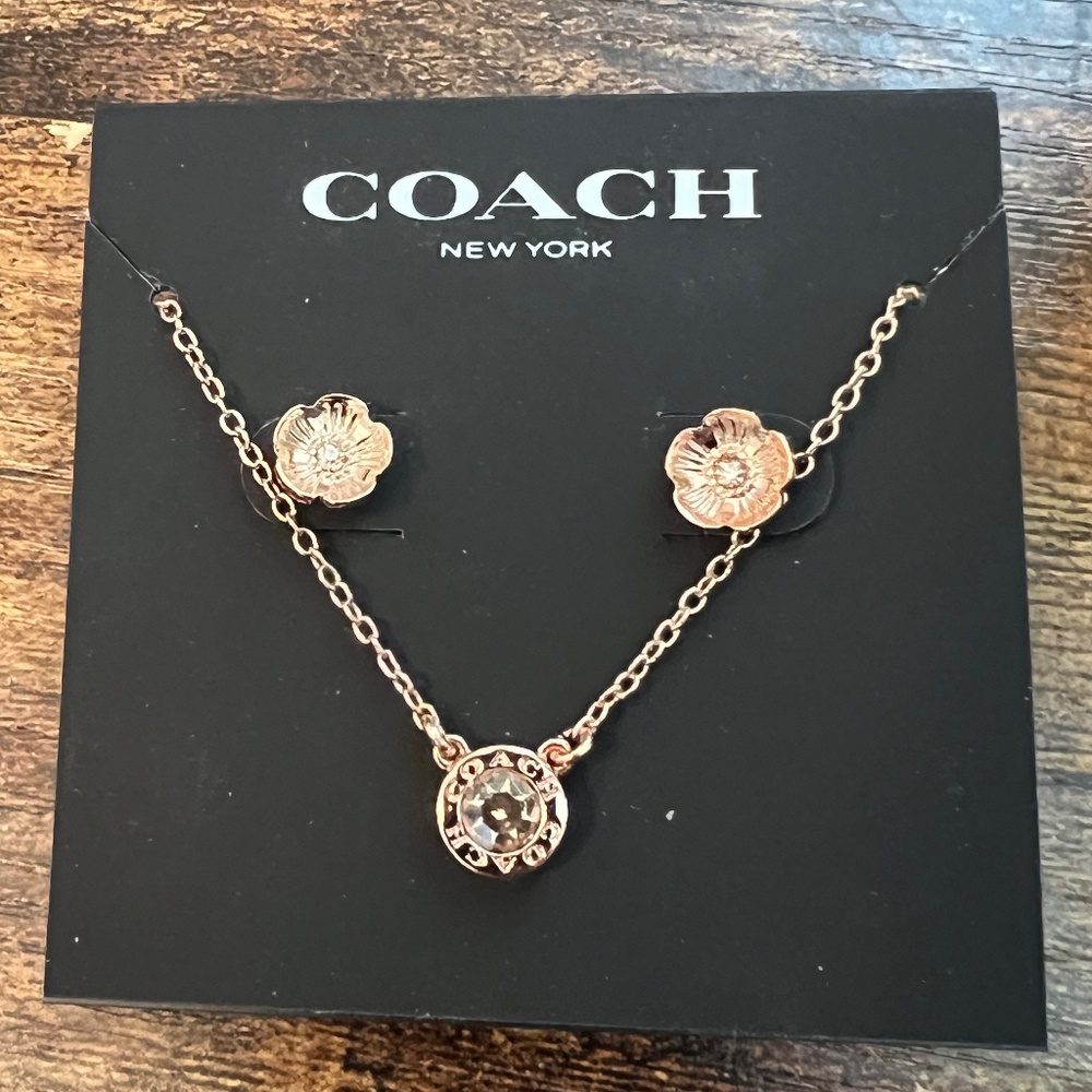 (New) coach rose gold necklace & earring set